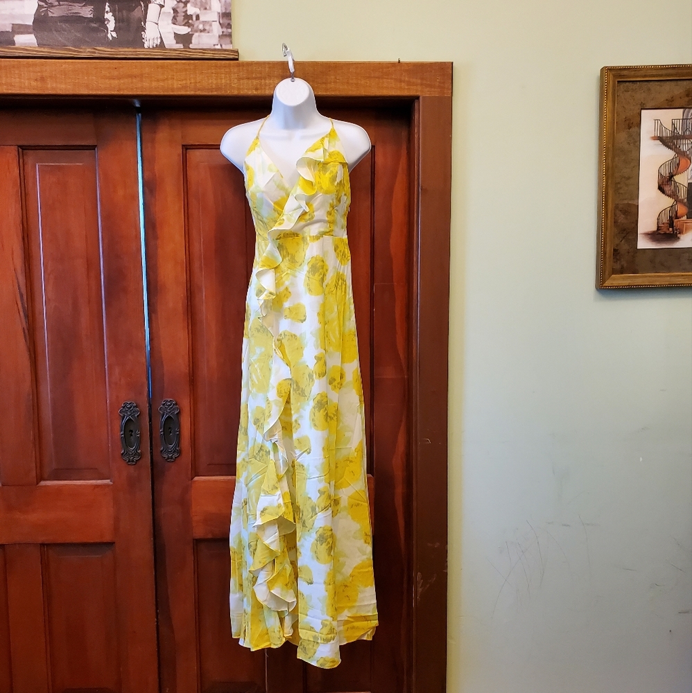 Luxxel Yellow Floral Long Summer Cocktail Dress Large